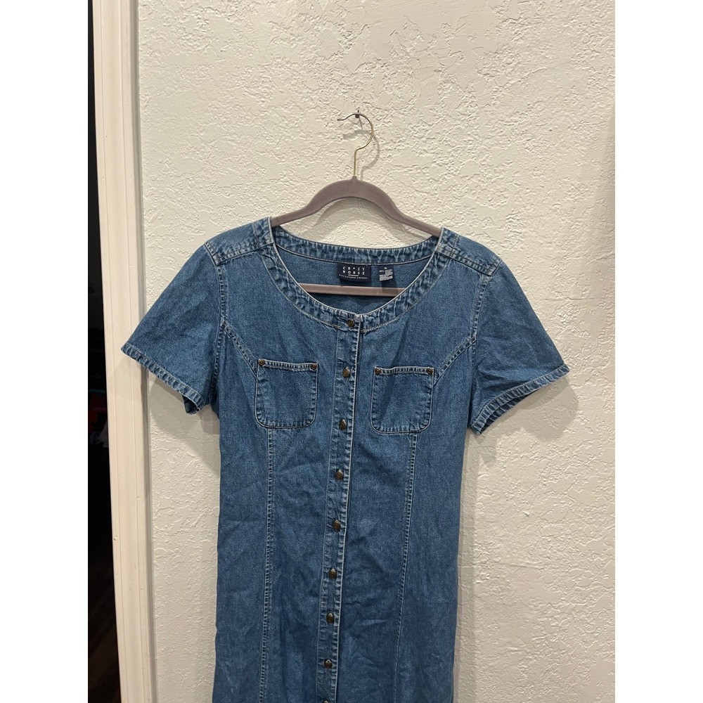 Crazy Horse Liz Claiborne Denim Maxi Dress XL Blue Cotton Button Front Tie Back - Picture 3 of 5